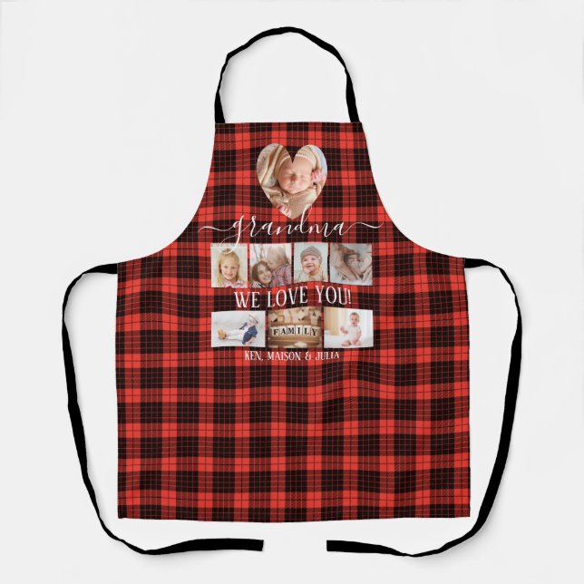 Red Black Plaid 8 Photo Collage Gift Personalised Apron (Front)
