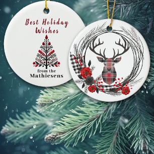 Red Black Plaid Buck Deer Wreath Ceramic Ornament