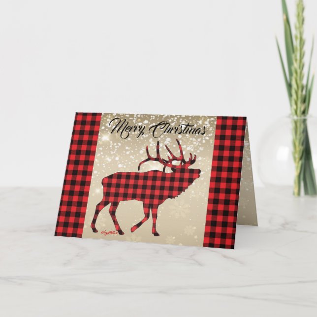 Red & Black Plaid Bull Elk Christmas Card (Front)