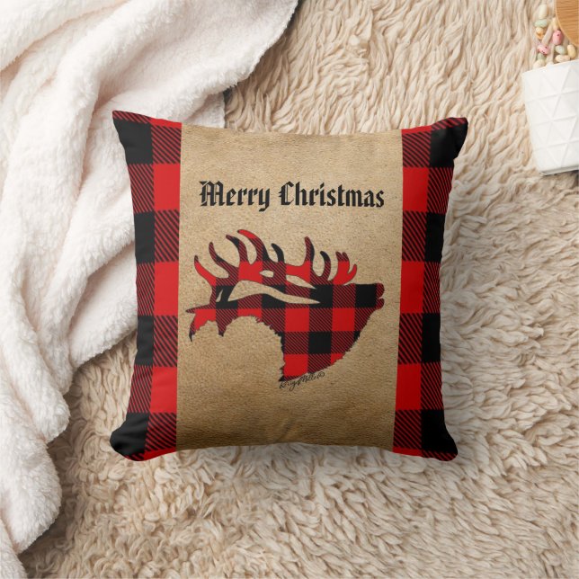 Red & Black Plaid Bull Elk Christmas Throw Pillow (Blanket)