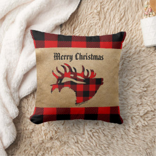 Red & Black Plaid Bull Elk Christmas Throw Pillow