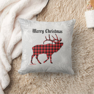 Red & Black Plaid Bull Elk Christmas Throw Pillow