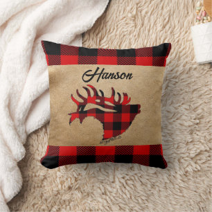 Red & Black Plaid Bull Elk Throw Pillow