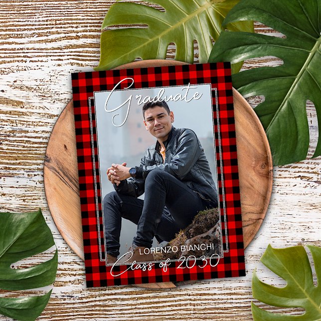 Red Black Plaid Check Graduation Announcement Postcard (Creator Uploaded)