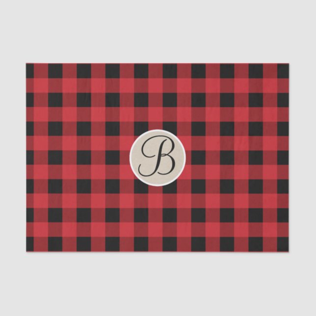 Red Black Plaid Chequered Rustic Monogram Initial Tissue Paper (Front)