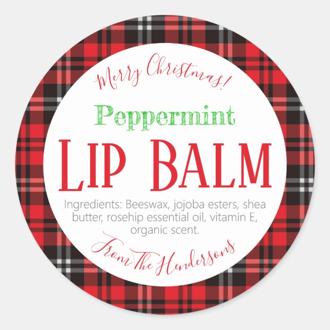 Red Black Plaid Christmas Peppermint Lip Balm Classic Round Sticker (Front)
