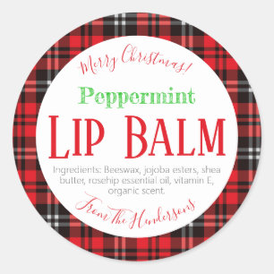 Red Black Plaid Christmas Peppermint Lip Balm Classic Round Sticker