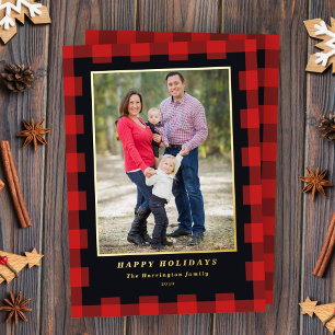 Red Black Plaid Christmas Photo Gold Foil Holiday Card