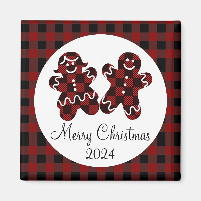  Red & Black Plaid Gingerbread Merry Christmas Magnet (Front)