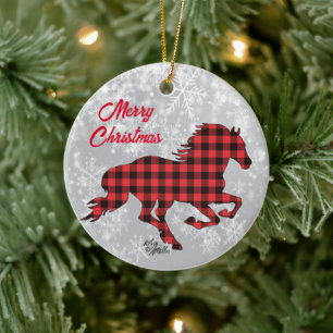 Red & Black Plaid Horse Christmas Ceramic Ornament