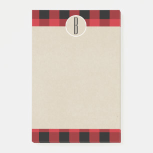Red Black Plaid Kraft Rustic Monogram Initial Post-it Notes