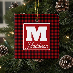 Red & Black Plaid Monogram Name Christmas  Ceramic Ornament
