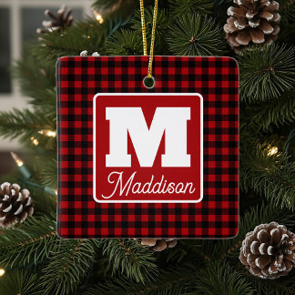 Red & Black Plaid Monogram Name Christmas  Ceramic Ornament