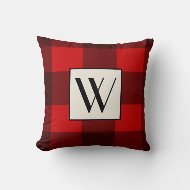 Red & Black Plaid Monogram Pillow (Front)