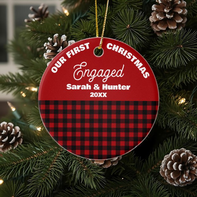 Red & Black Plaid Our 1st Christmas Engaged Ceramic Ornament (Creator Uploaded)
