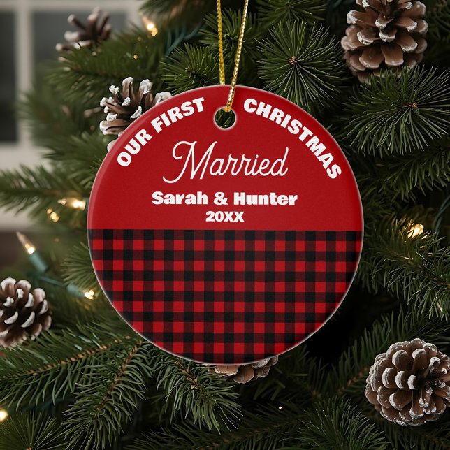 Red & Black Plaid Our 1st Christmas Married Ceramic Ornament (Creator Uploaded)