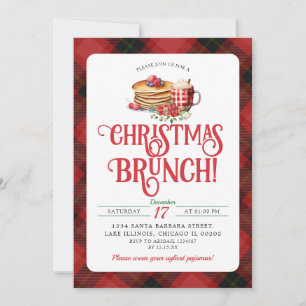 Red Black Plaid Pancake Hot Cocoa Christmas Brunch Invitation