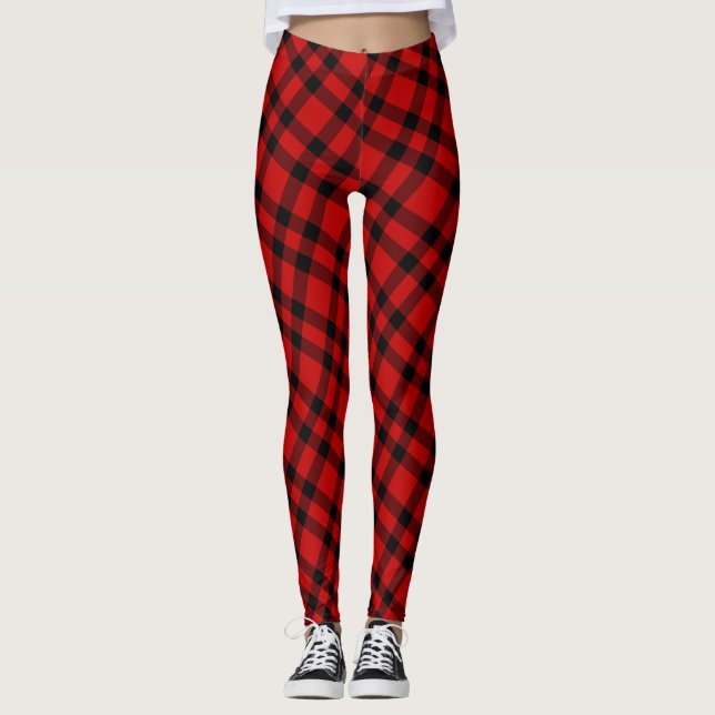 Red Black Plaid Pattern Leggings (Front)