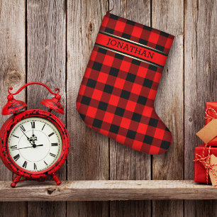 Red & Black Plaid Pattern Name Modern Eyecatching Large Christmas Stocking