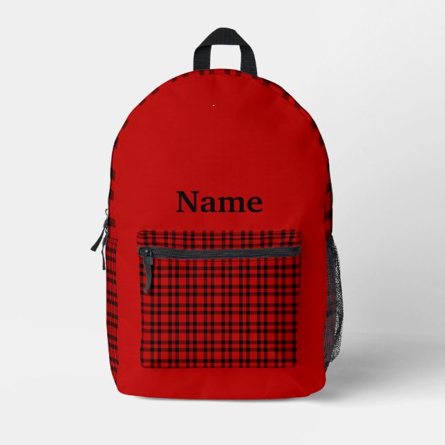 Red Black Plaid Personalise Pattern Printed Backpack (Front)