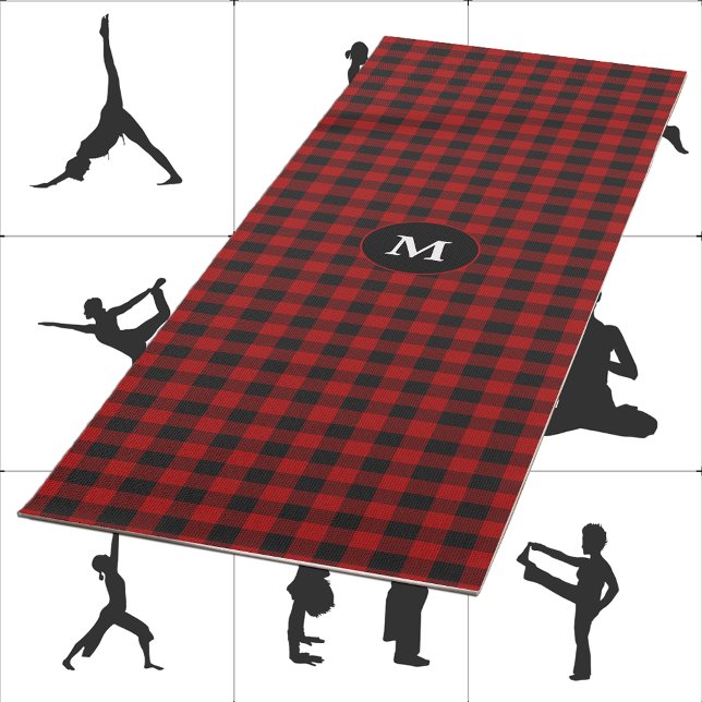 Red Black Plaid Rob Roy Tartan Monogram Initial Yoga Mat (Creator Uploaded)