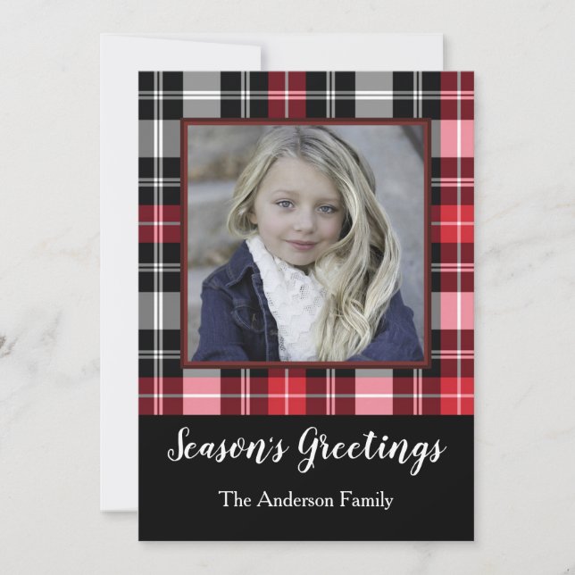 Red Black Plaid Season's Greetings with Photo Holiday Card (Front)