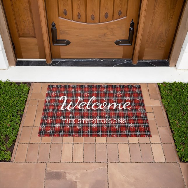Red Black Plaid Snowflake Personalised Welcome Doormat (Outdoor)