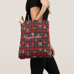 Red Black Plaid Snowflakes Personalised Tote Bag