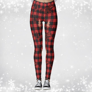Red Black Plaid Tartan Moose Cabin Country Leggings