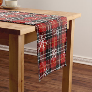 Red Black Plaid Tartan Snowflake Short Table Runner