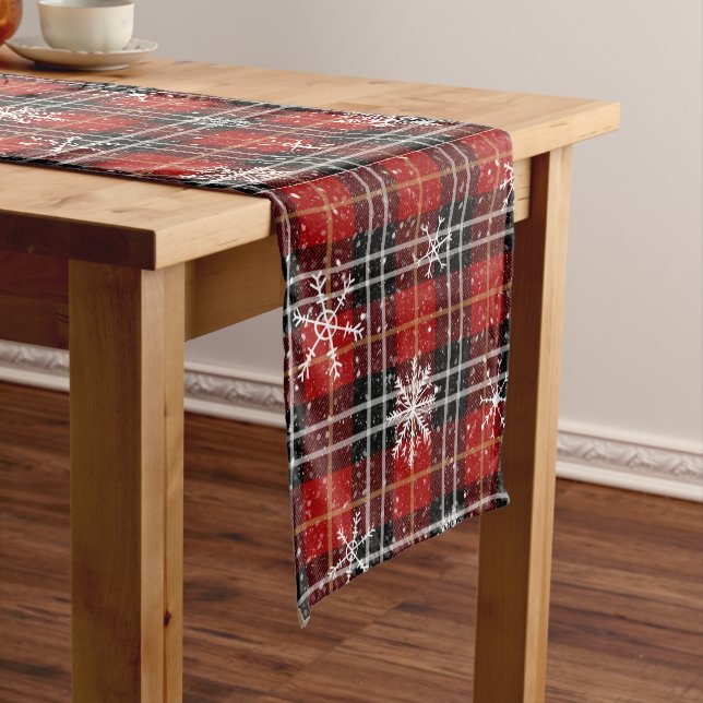 Red Black Plaid Tartan Snowflake Short Table Runner (In Situ)