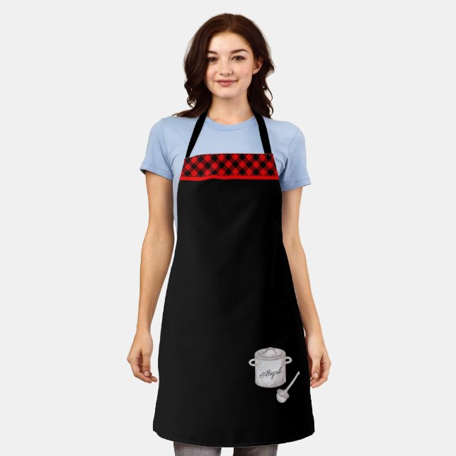 Red & Black Plaid Trim Chef's Pot Personalised Apron (Worn)