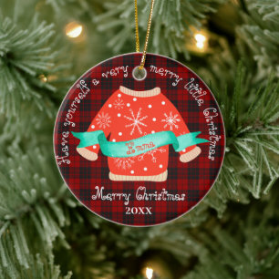 Red Black Plaid Ugly Sweater Cute Merry Christmas Ceramic Ornament