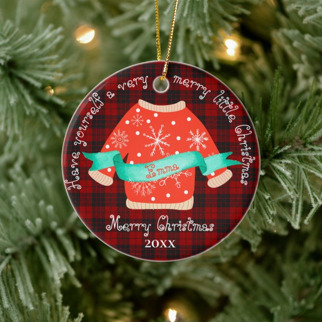 Red Black Plaid Ugly Sweater Cute Merry Christmas Ceramic Ornament (Tree)