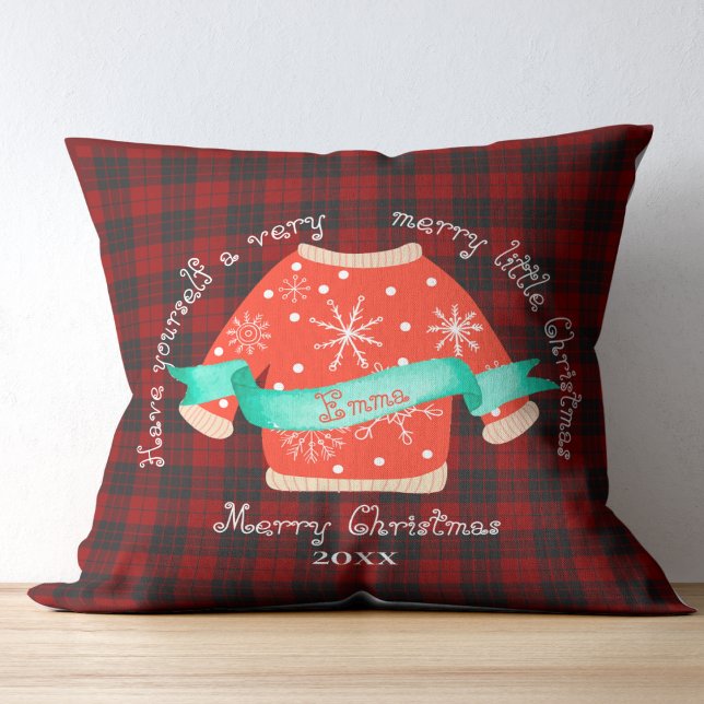 Red Black Plaid Ugly Sweater Cute Merry Christmas Cushion (Red Black Plaid Ugly Sweater Cute Merry Christmas Throw Pillow)