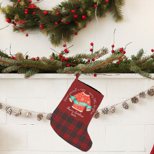 Red Black Plaid Ugly Sweater Cute Merry Christmas Large Christmas Stocking