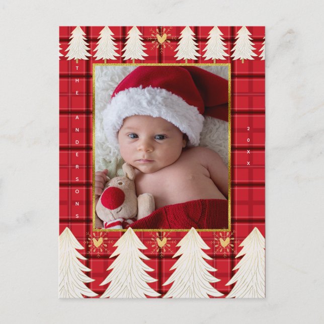 Red Black Plaid & White Trees Rustic Holiday Photo Postcard (Front)