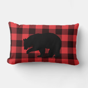 Red Black Plaid with Black Bear  Lumbar Cushion