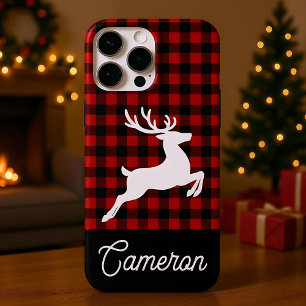 Red & Black Plaid with Reindeer Custom Name iPhone 16 Pro Max Case