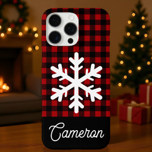 Red & Black Plaid with Snowflake Custom Name iPhone 16 Pro Max Case