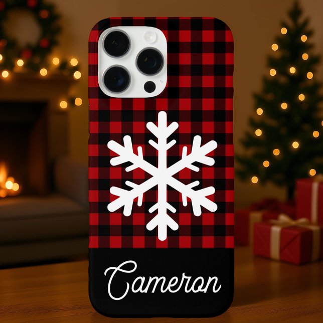 Red & Black Plaid with Snowflake Custom Name iPhone Case (Creator Uploaded)