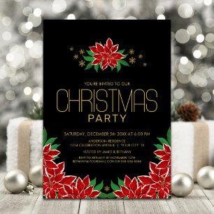Red Black Poinsettia Christmas Party Invitation