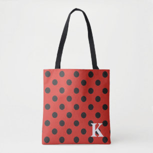 Red black polka dot tote bag with monogram