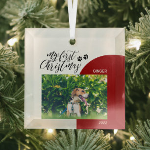 Red & Black Puppy Paw Pet First Christmas Photo Glass Tree Decoration