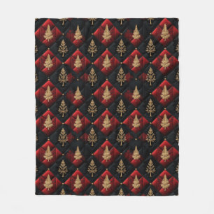 Red Black Quilt Squares Gold Christmas Trees Fleece Blanket