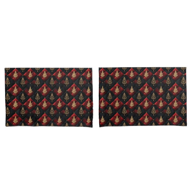  Red Black Quilt Squares Gold Christmas Trees Pillowcase (Front-Set)