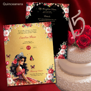 Red Black Quinceanera Dress Floral Butterflies