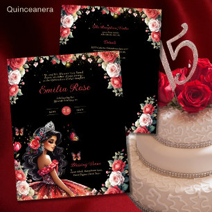 Red Black Quinceanera Dress Floral Butterflies