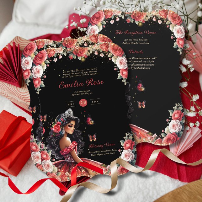 Red Black Quinceanera Dress Floral Butterflies Invitation (Creator Uploaded)