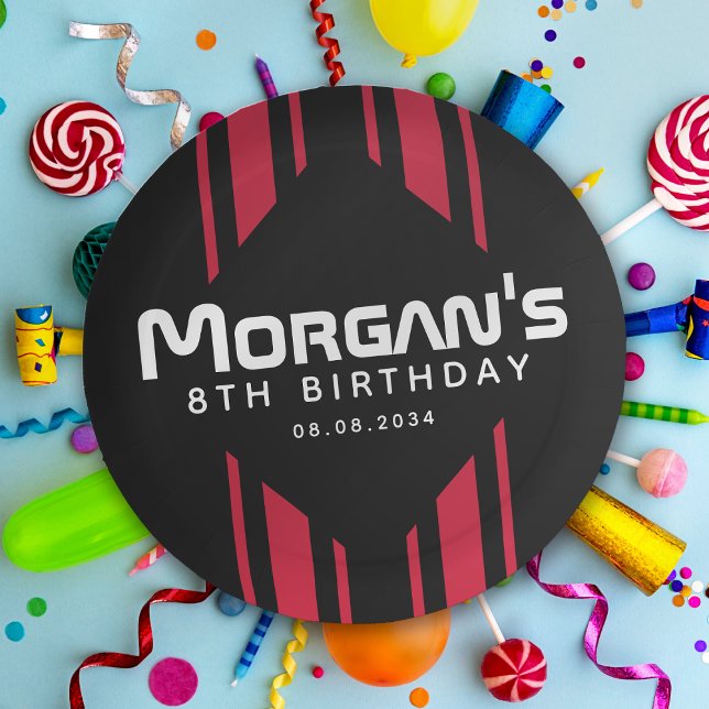 Red Black Racing Car Stripe Birthday Party Paper Plate (Creator Uploaded)